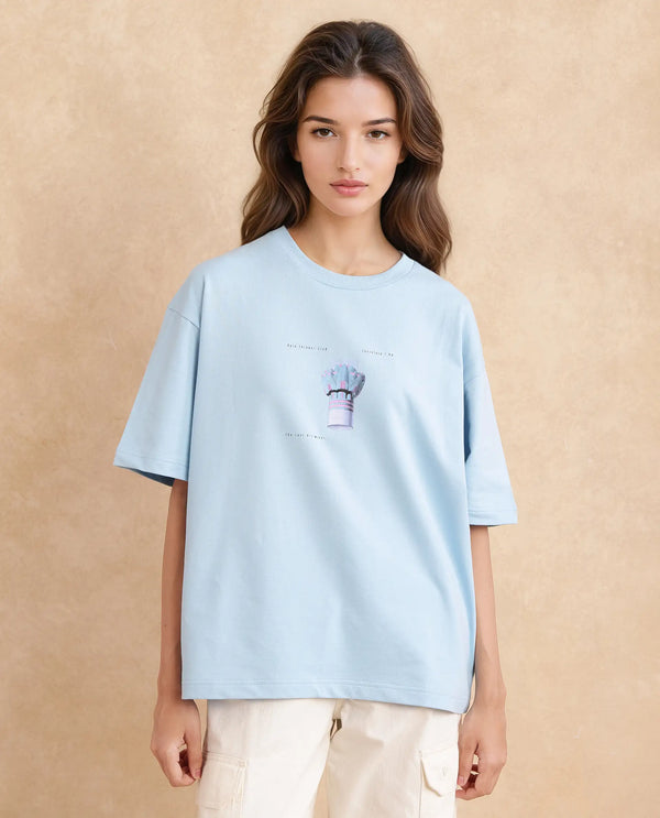 Rareism Women Jinx Blue Pull On Closure Cotton Fabric Oversized Regular Length Graphic Print T-Shirt