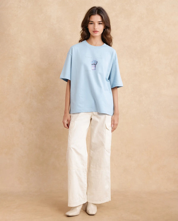 Rareism Women Jinx Blue Pull On Closure Cotton Fabric Oversized Regular Length Graphic Print T-Shirt