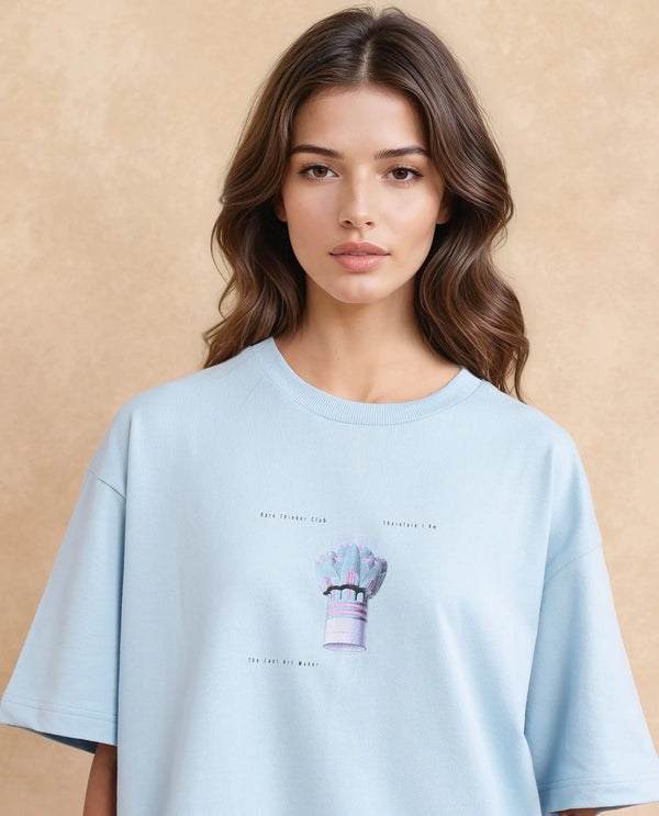 Rareism Women Jinx Blue Pull On Closure Cotton Fabric Oversized Regular Length Graphic Print T-Shirt