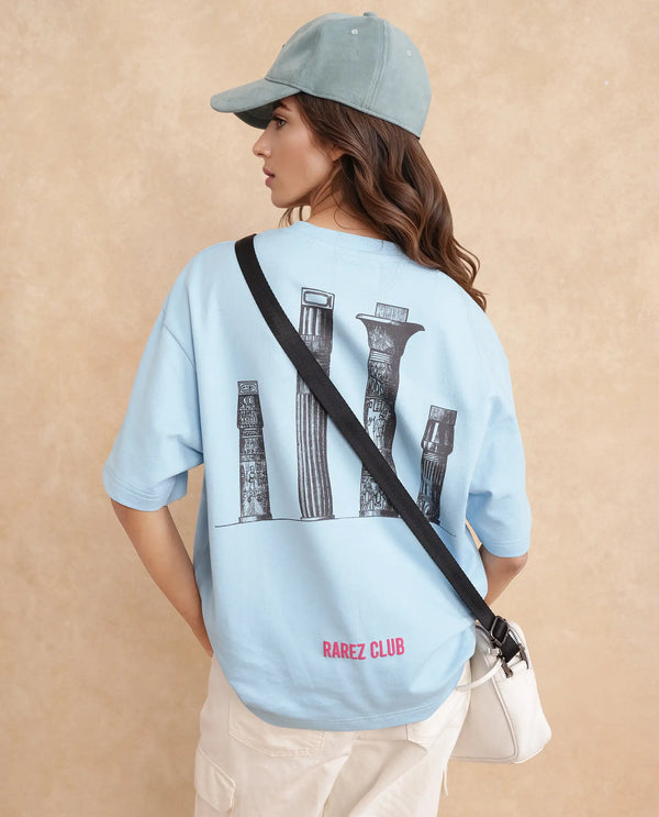 Rareism Women Jinx Blue Pull On Closure Cotton Fabric Oversized Regular Length Graphic Print T-Shirt