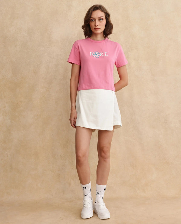 Rareism Women Jiver Light Pink Cotton Blend Fabric Short Sleeve Crew Neck Relaxed Fit Cropped Graphic Print T-Shirt