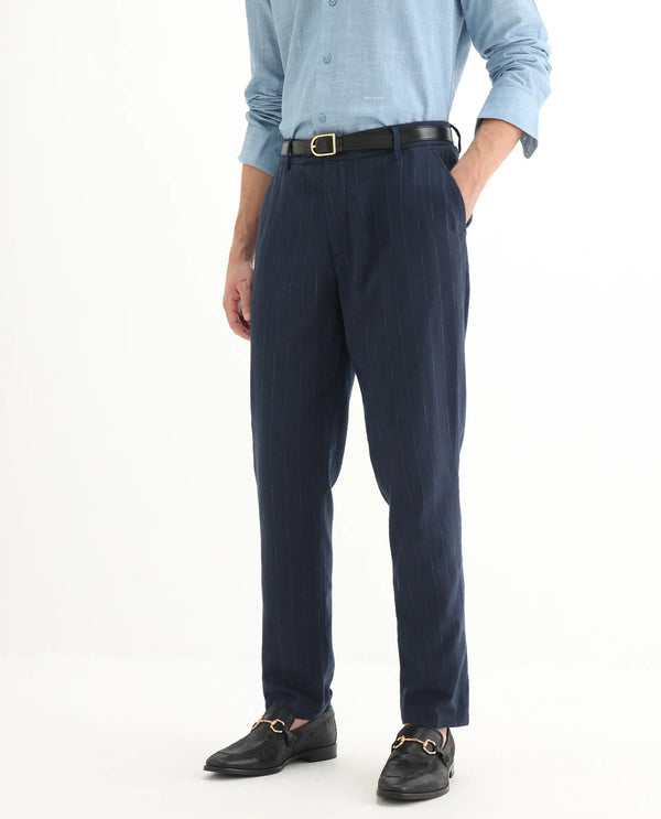 Rare Rabbit Men Jlo Blue Cotton Elastane Fabric Relaxed Fit Pleated Striped Trouser