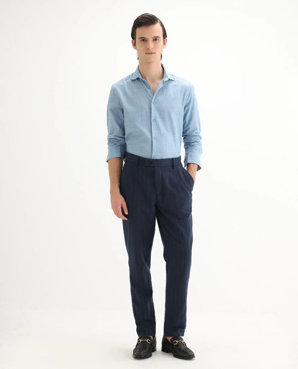 Rare Rabbit Men Jlo Blue Cotton Elastane Fabric Relaxed Fit Pleated Striped Trouser