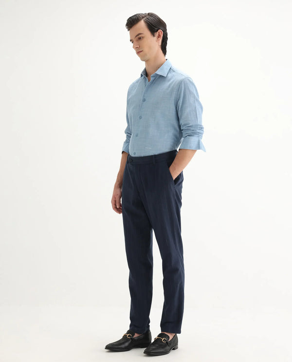 Rare Rabbit Men Jlo Blue Cotton Elastane Fabric Relaxed Fit Pleated Striped Trouser