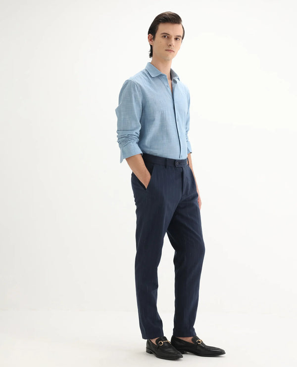 Rare Rabbit Men Jlo Blue Cotton Elastane Fabric Relaxed Fit Pleated Striped Trouser