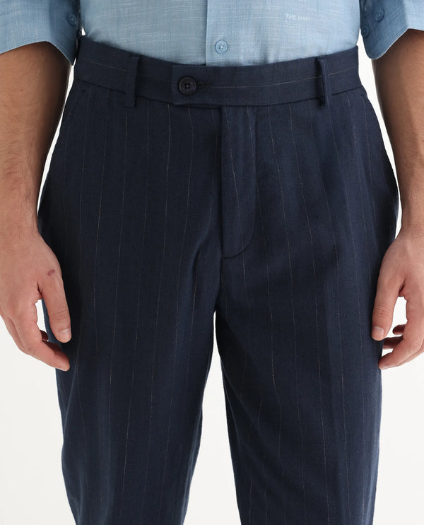 Rare Rabbit Men Jlo Blue Cotton Elastane Fabric Relaxed Fit Pleated Striped Trouser