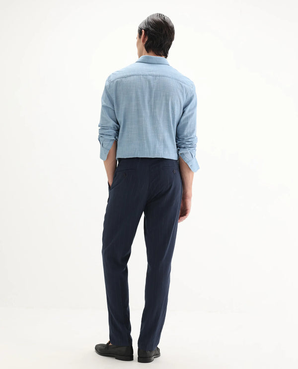 Rare Rabbit Men Jlo Blue Cotton Elastane Fabric Relaxed Fit Pleated Striped Trouser