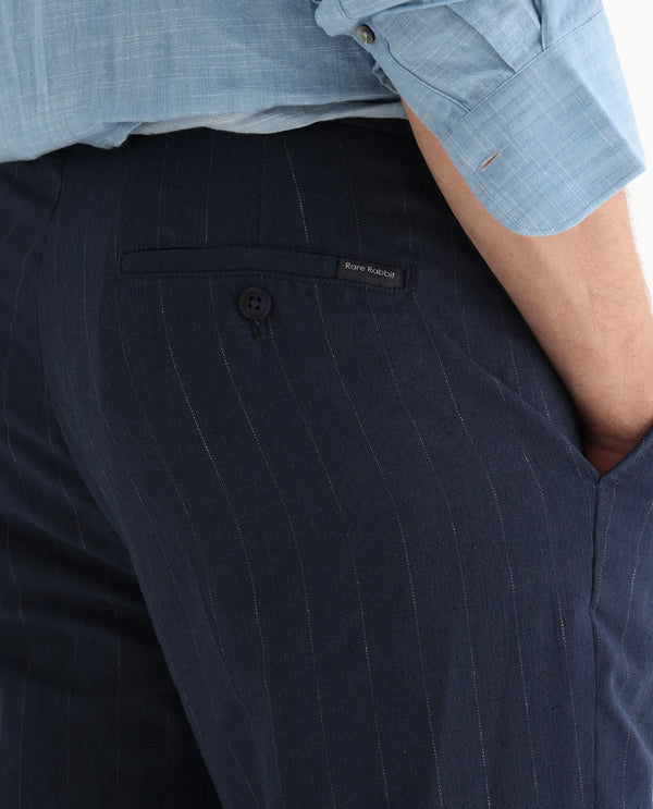 Rare Rabbit Men Jlo Blue Cotton Elastane Fabric Relaxed Fit Pleated Striped Trouser