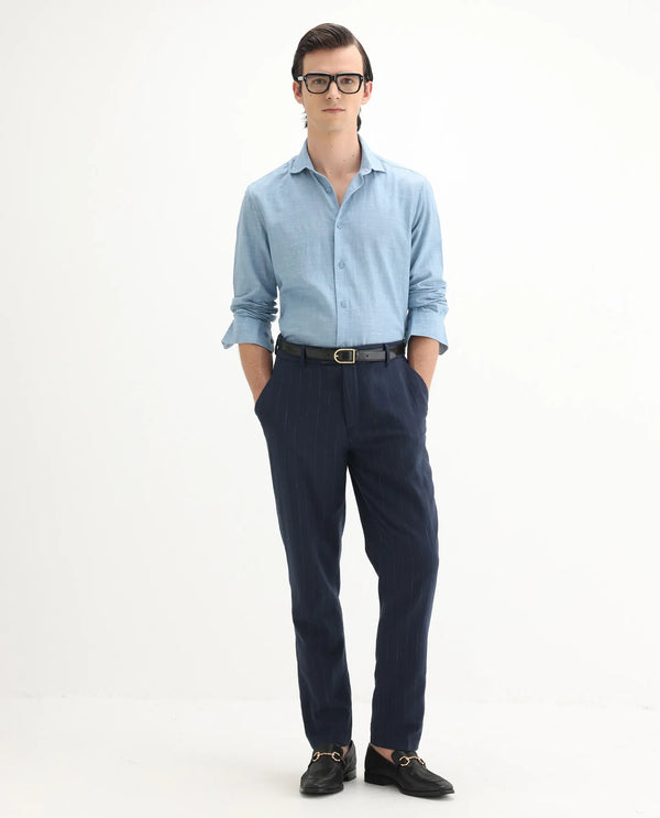 Rare Rabbit Men Jlo Blue Cotton Elastane Fabric Relaxed Fit Pleated Striped Trouser