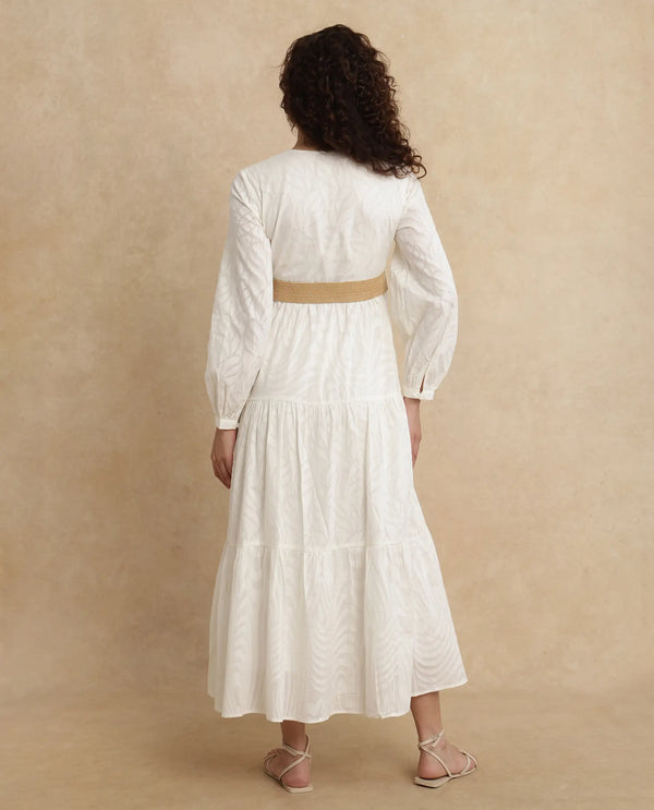 Rareism Women Janco Off White Cotton Fabric Bishop Sleeves V-Neck Fit And Flare Maxi Plain Dress