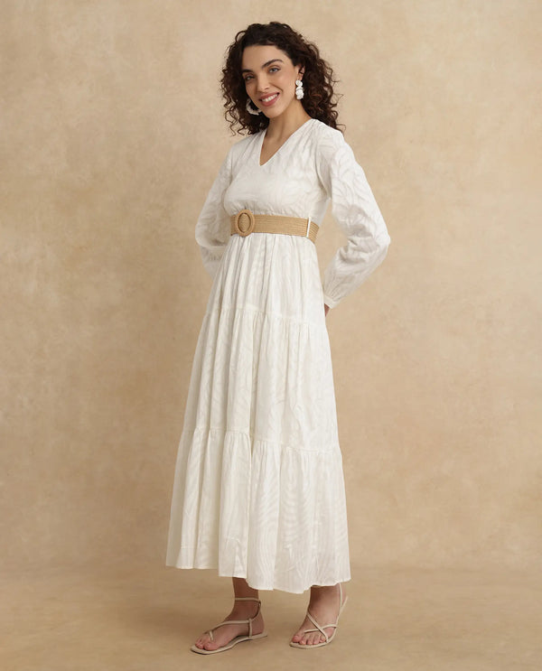 Rareism Women Janco Off White Cotton Fabric Bishop Sleeves V-Neck Fit And Flare Maxi Plain Dress