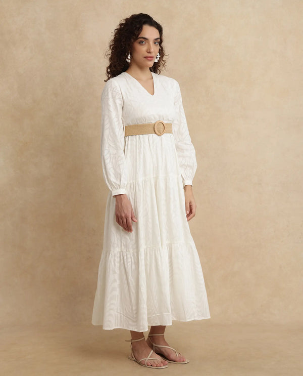 Rareism Women Janco Off White Cotton Fabric Bishop Sleeves V-Neck Fit And Flare Maxi Plain Dress