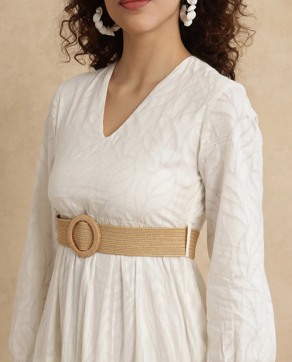 Rareism Women Janco Off White Cotton Fabric Bishop Sleeves V-Neck Fit And Flare Maxi Plain Dress