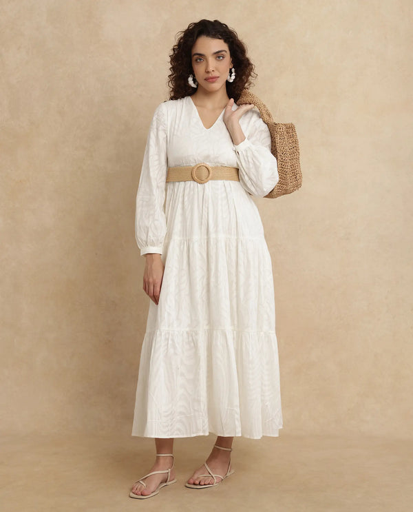 Rareism Women Janco Off White Cotton Fabric Bishop Sleeves V-Neck Fit And Flare Maxi Plain Dress