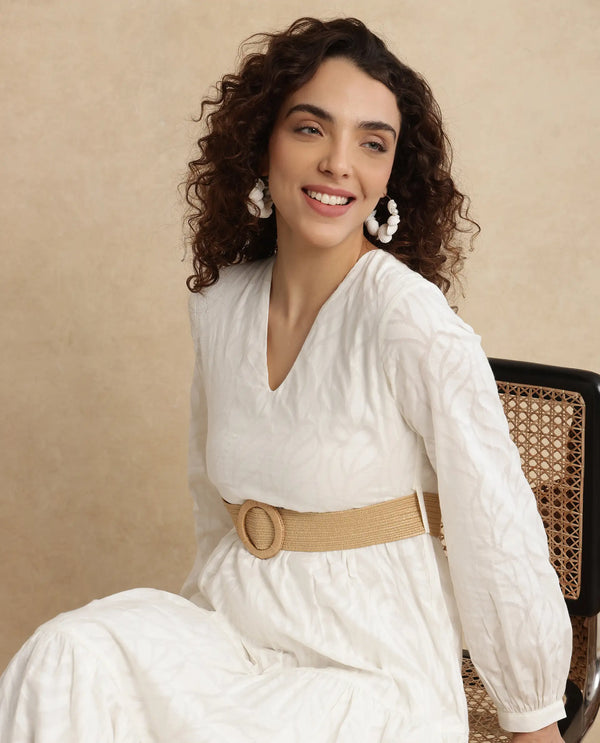 Rareism Women Janco Off White Cotton Fabric Bishop Sleeves V-Neck Fit And Flare Maxi Plain Dress