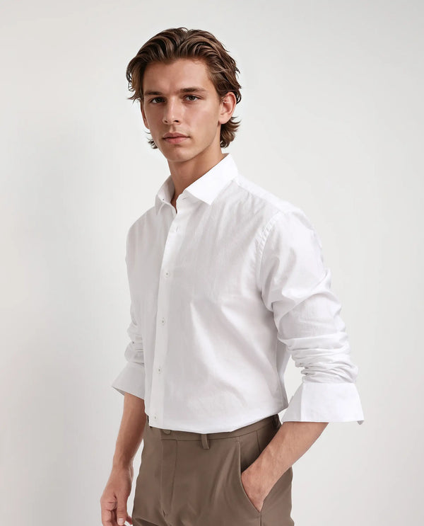Rare Rabbit Men's Joan White Cotton Fabric Full Sleeve Spread Collar Plain Shirt