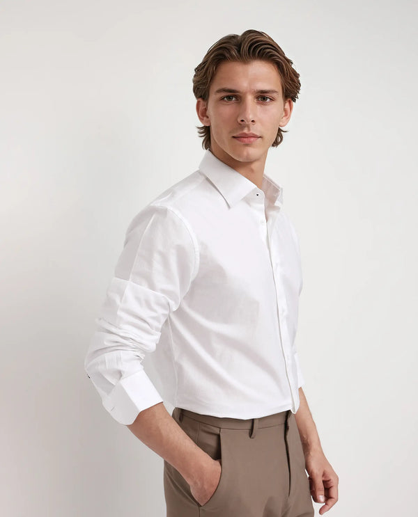 Rare Rabbit Men's Joan White Cotton Fabric Full Sleeve Spread Collar Plain Shirt