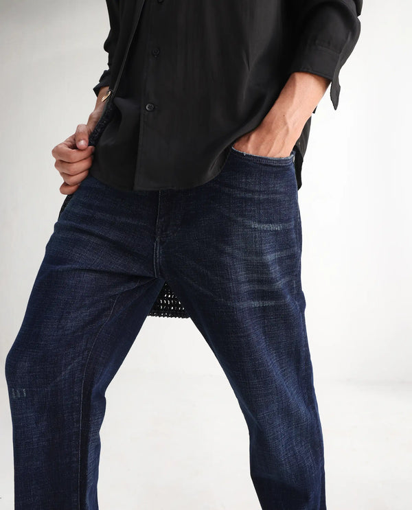 Rare Rabbit Mens Jogg Dark Blue Cotton Polyester Mid Wash Regular Fit Jeans