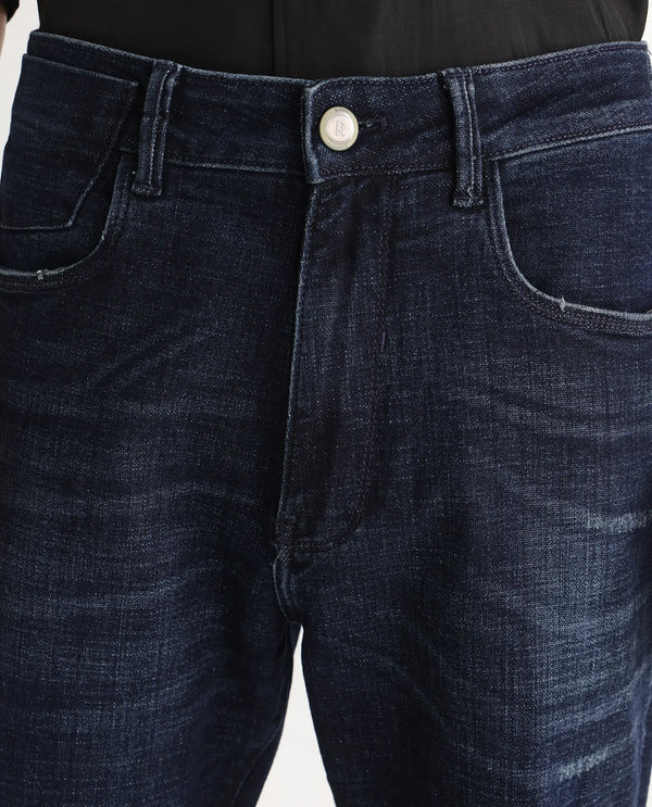 Rare Rabbit Mens Jogg Dark Blue Cotton Polyester Mid Wash Regular Fit Jeans