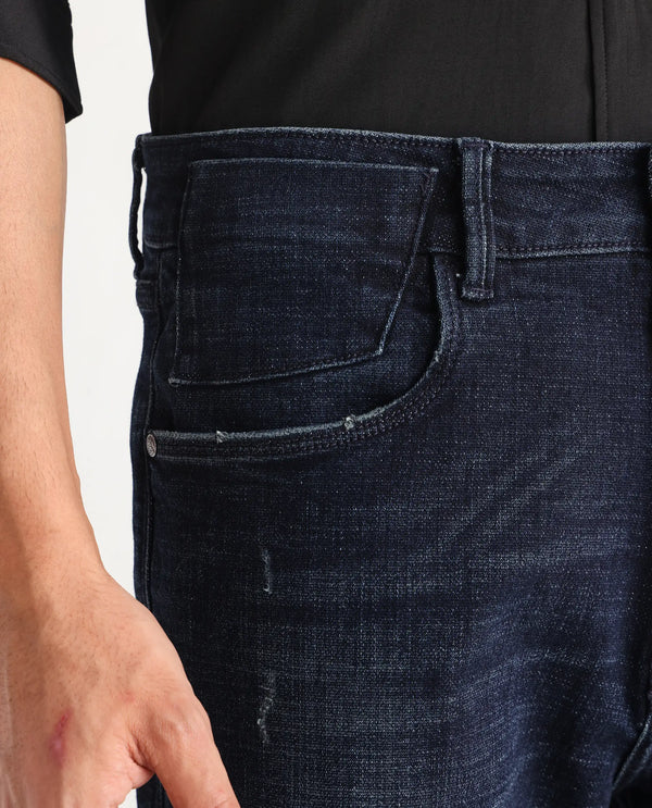 Rare Rabbit Mens Jogg Dark Blue Cotton Polyester Mid Wash Regular Fit Jeans