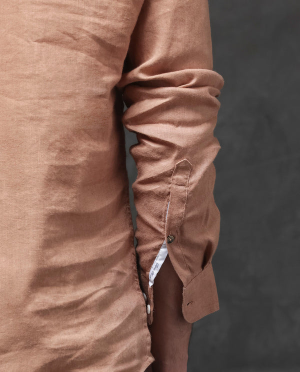 Rare Rabbit Men's Joi Beige Linen Fabric Full Sleeve Mandarin Collar Solid Regular Fit Short Kurta-Suit