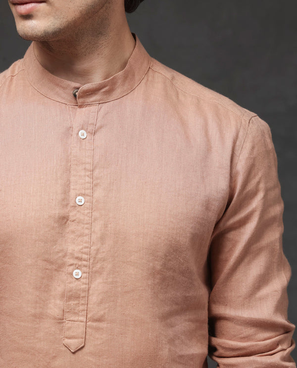 Rare Rabbit Men's Joi Beige Linen Fabric Full Sleeve Mandarin Collar Solid Regular Fit Short Kurta-Suit