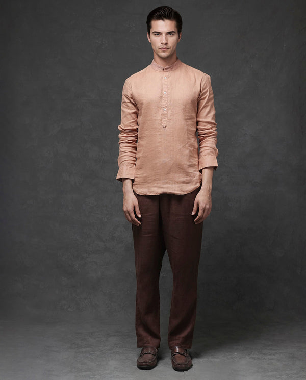 Rare Rabbit Men's Joi Beige Linen Fabric Full Sleeve Mandarin Collar Solid Regular Fit Short Kurta-Suit