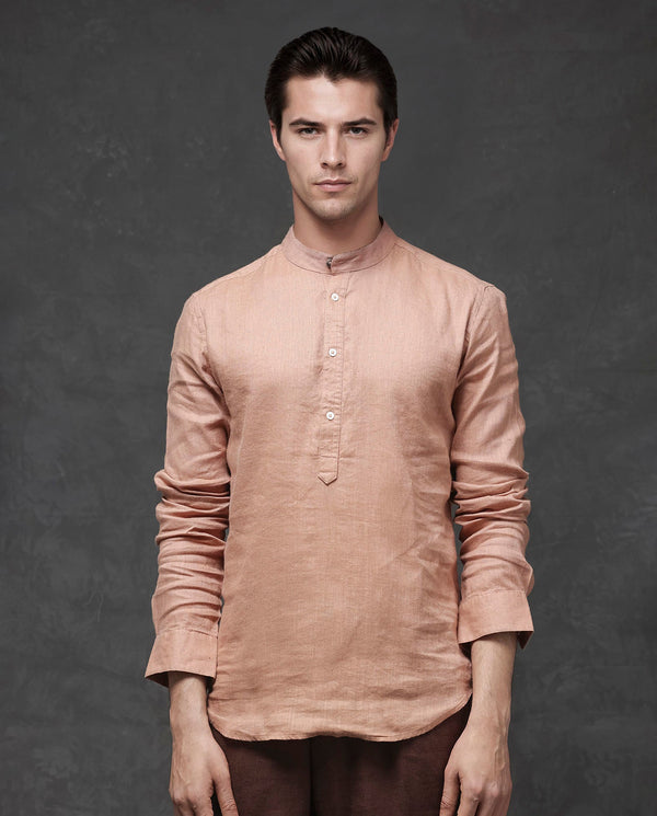 Rare Rabbit Men's Joi Beige Linen Fabric Full Sleeve Mandarin Collar Solid Regular Fit Short Kurta-Suit