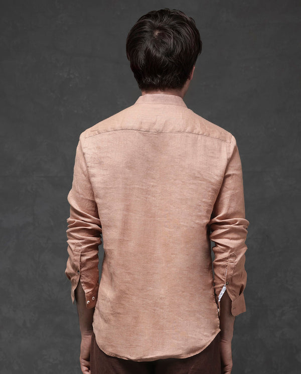 Rare Rabbit Men's Joi Beige Linen Fabric Full Sleeve Mandarin Collar Solid Regular Fit Short Kurta-Suit
