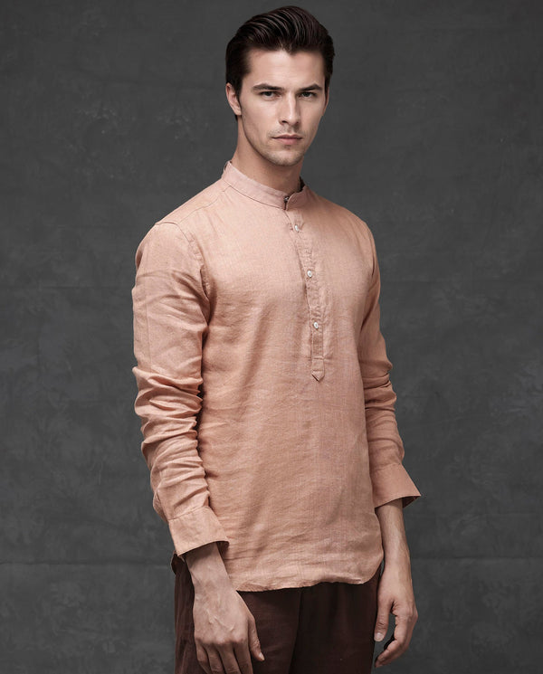 Rare Rabbit Men's Joi Beige Linen Fabric Full Sleeve Mandarin Collar Solid Regular Fit Short Kurta-Suit