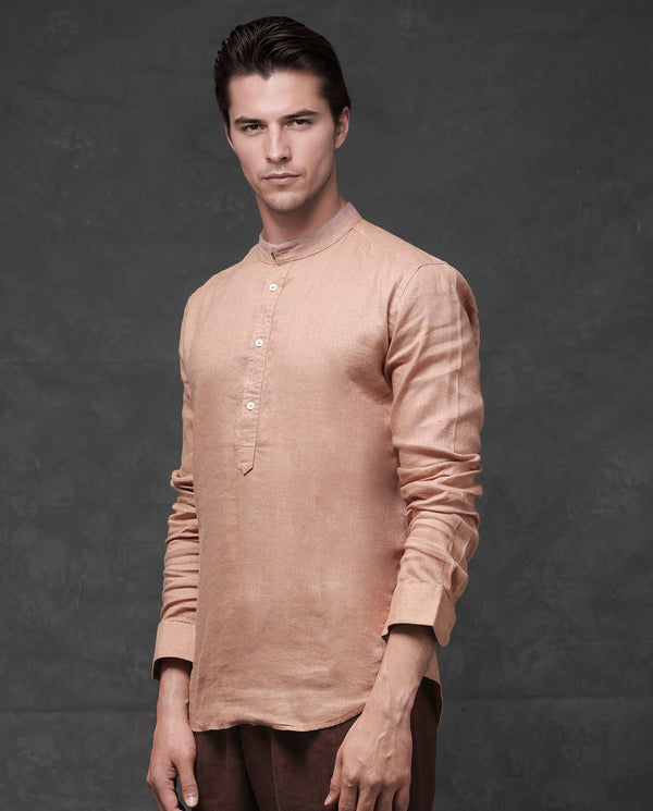Rare Rabbit Men's Joi Beige Linen Fabric Full Sleeve Mandarin Collar Solid Regular Fit Short Kurta-Suit