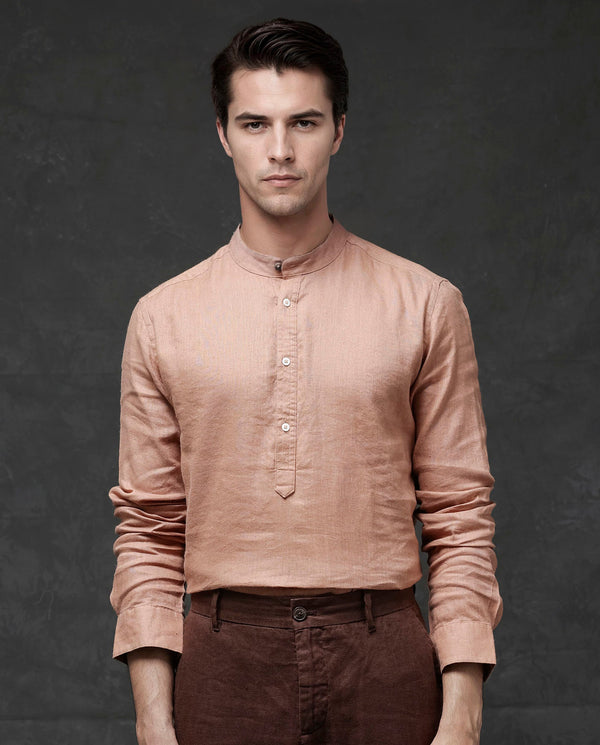 Rare Rabbit Men's Joi Beige Linen Fabric Full Sleeve Mandarin Collar Solid Regular Fit Short Kurta-Suit