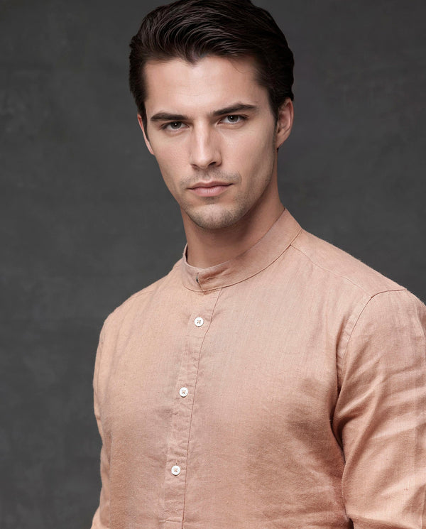 Rare Rabbit Men's Joi Beige Linen Fabric Full Sleeve Mandarin Collar Solid Regular Fit Short Kurta-Suit