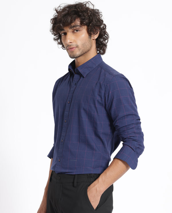 Rare Rabbit Men's Join Navy Cotton Fabric Full Sleeves Windowpane Checks Shirt