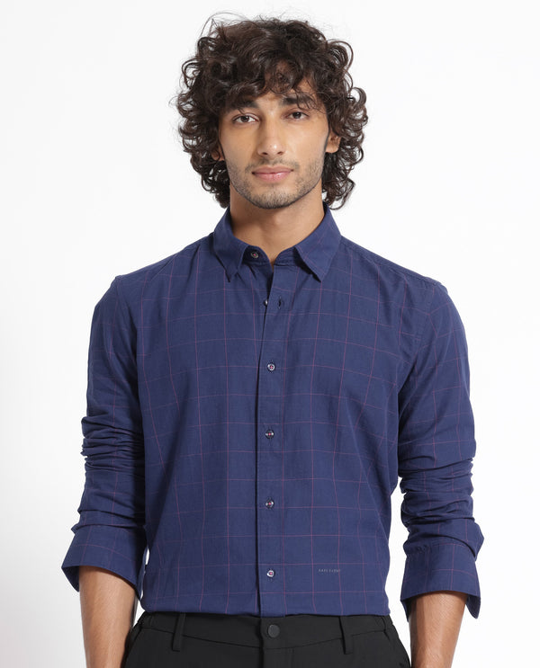 Rare Rabbit Men's Join Navy Cotton Fabric Full Sleeves Windowpane Checks Shirt