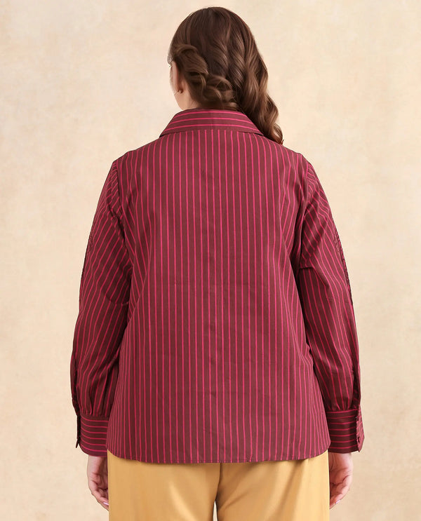 Rareism Women Jolvo Maroon Cotton Fabric Bishop Sleeve Collared Neck Button Closure Narrow Stripes Shirt