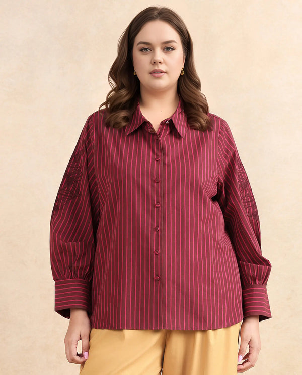 Rareism Women Jolvo Maroon Cotton Fabric Bishop Sleeve Collared Neck Button Closure Narrow Stripes Shirt