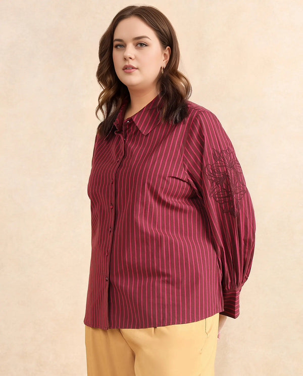 Rareism Women Jolvo Maroon Cotton Fabric Bishop Sleeve Collared Neck Button Closure Narrow Stripes Shirt