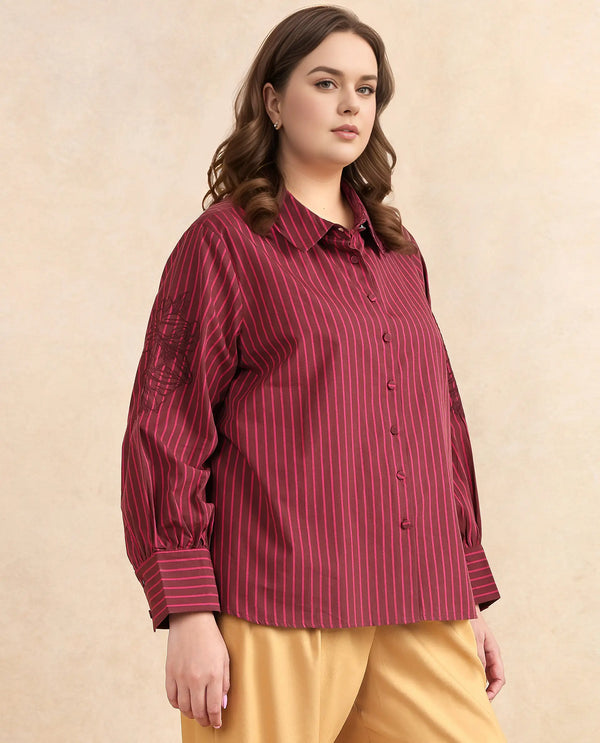 Rareism Women Jolvo Maroon Cotton Fabric Bishop Sleeve Collared Neck Button Closure Narrow Stripes Shirt
