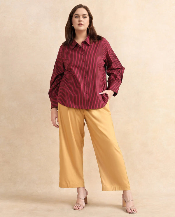 Rareism Women Jolvo Maroon Cotton Fabric Bishop Sleeve Collared Neck Button Closure Narrow Stripes Shirt