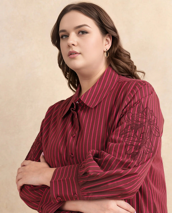 Rareism Women Jolvo Maroon Cotton Fabric Bishop Sleeve Collared Neck Button Closure Narrow Stripes Shirt