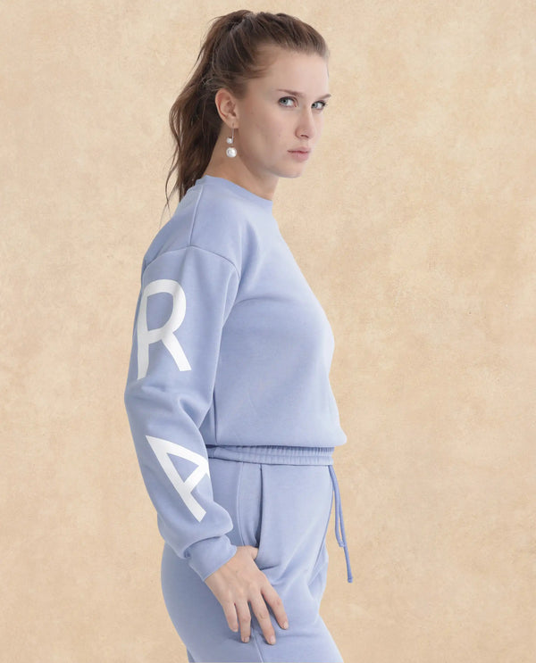 Rareism Articale Women Jonice Light Blue Poly Cotton Fabric Full Sleeves Crew Neck Regular Fit Graphic Print Cropped Sweatshirt