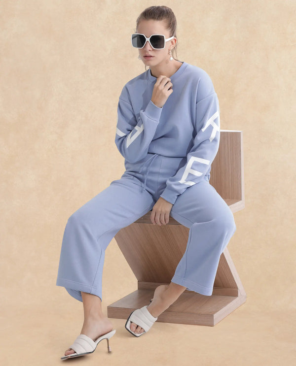 Rareism Articale Women Jonice Light Blue Poly Cotton Fabric Full Sleeves Crew Neck Regular Fit Graphic Print Cropped Sweatshirt