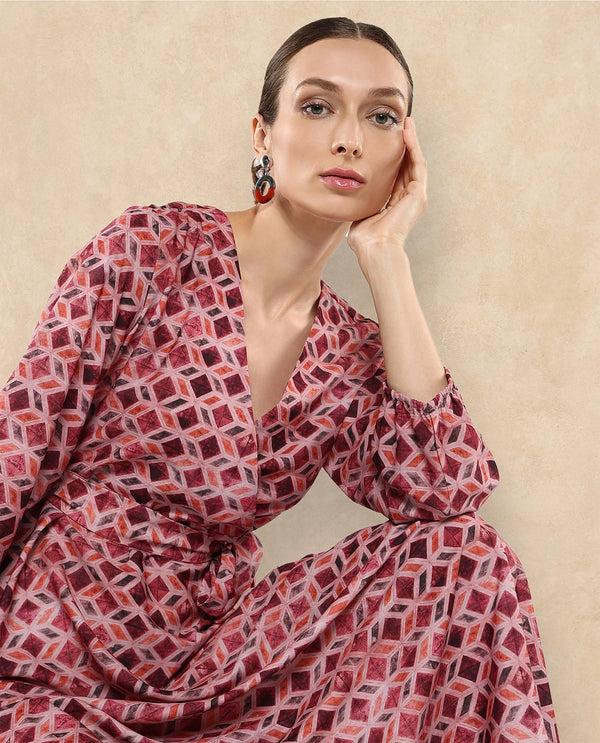Rareism Women Jorci Multi Bishop Sleeve Over Lap Neck Zipper Closure Fit And Flare Maxi Graphic Print Dress