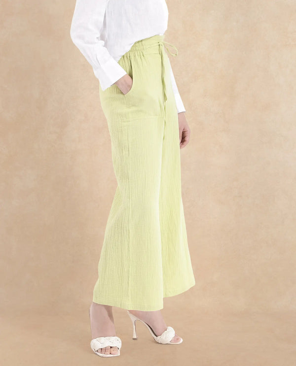 Rareism Women Jorden-B Flouroscent Green Tie Up Wide Fit Ankle Length Plain Trouser