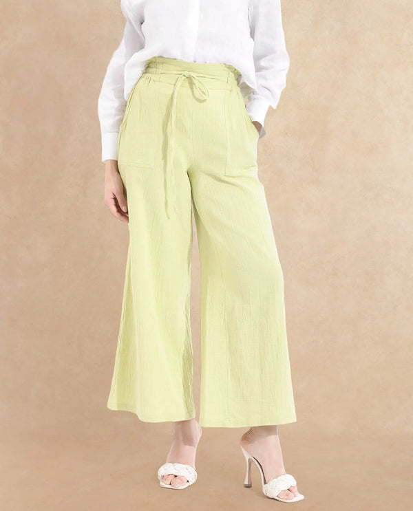 Rareism Women Jorden-B Flouroscent Green Tie Up Wide Fit Ankle Length Plain Trouser