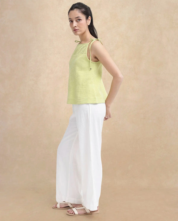 Rareism Women Jordyn-T Flouroscent Green Cotton Fabric Sleeveless Shoulder Straps Tie Up Closure Plain Top