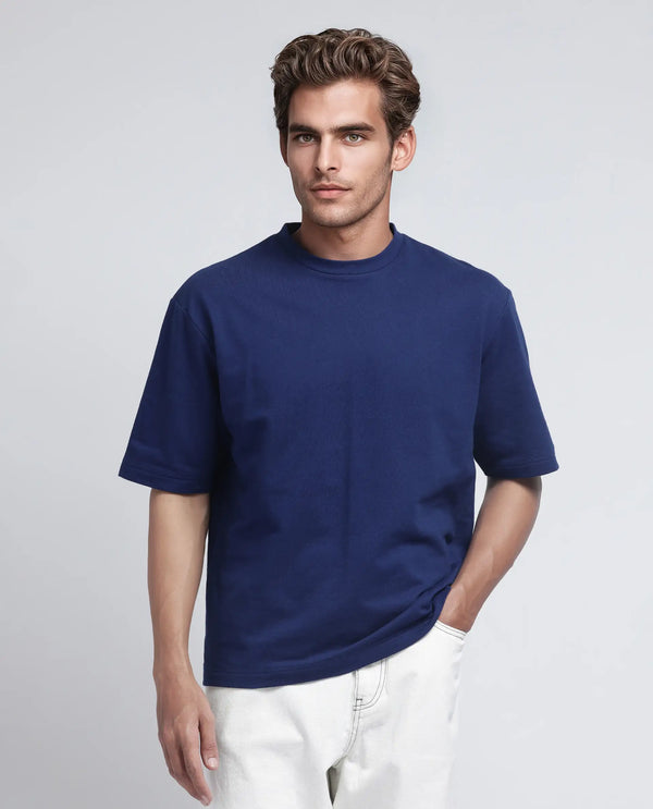 Rare Rabbit Men's Jot Blue Cotton Fabric Half Sleeve Crew Neck Boxy Fit Graphic Print T-Shirt