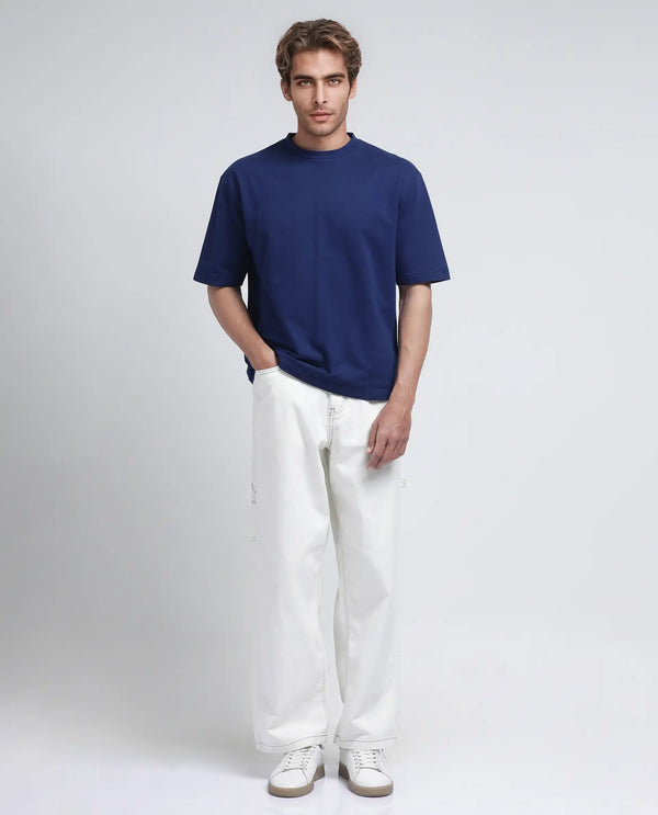 Rare Rabbit Men's Jot Blue Cotton Fabric Half Sleeve Crew Neck Boxy Fit Graphic Print T-Shirt