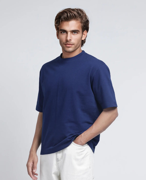 Rare Rabbit Men's Jot Blue Cotton Fabric Half Sleeve Crew Neck Boxy Fit Graphic Print T-Shirt